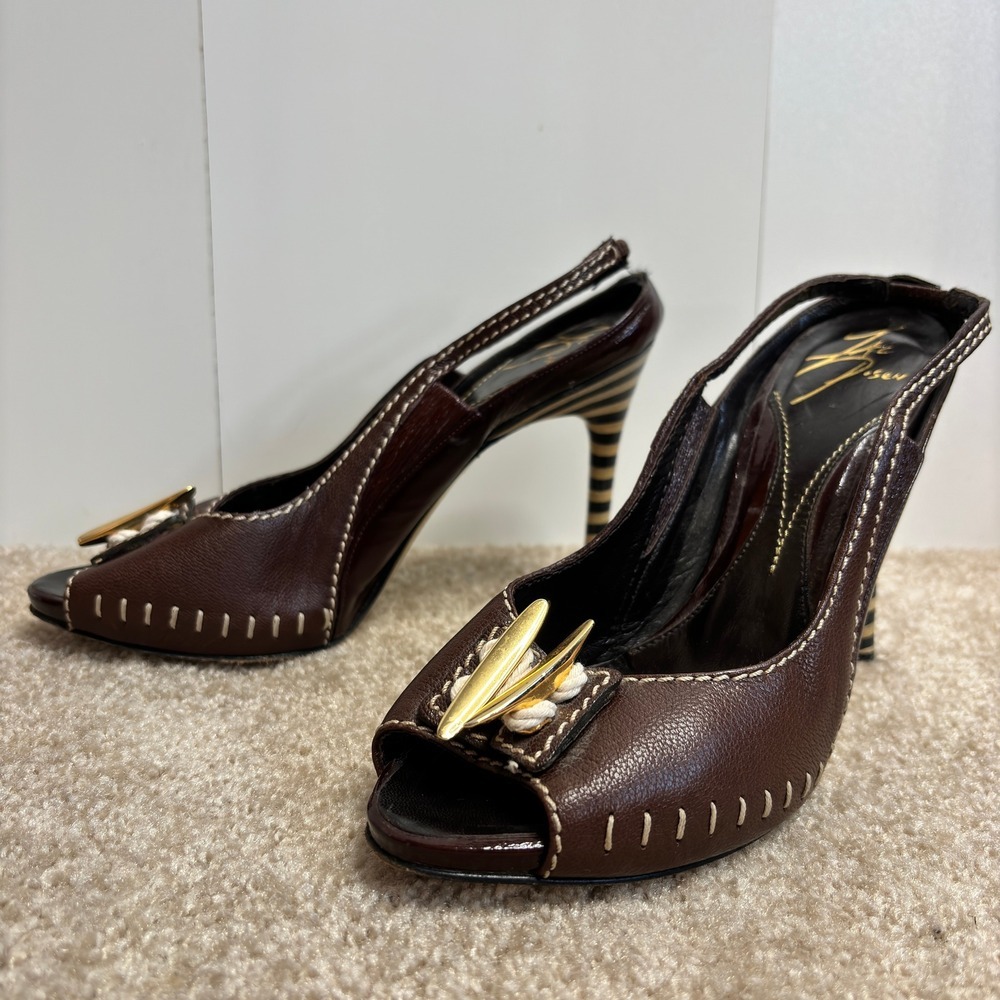 Zac Posen Brown Leather Peep Toe Slingback Y2K Striped Heels Size 7 - Picture 7 of 13